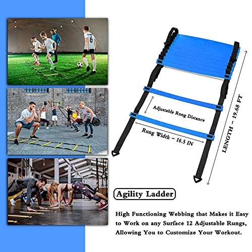 Speed Agility Training Set, Includes 1 Agility Ladder, 4 Steel Stakes, 1 Sports Headband,1 Jump Rope, 10 Disc Cones and Gym Carry Bag - Speed Training Equipment for Soccer Football Basketball