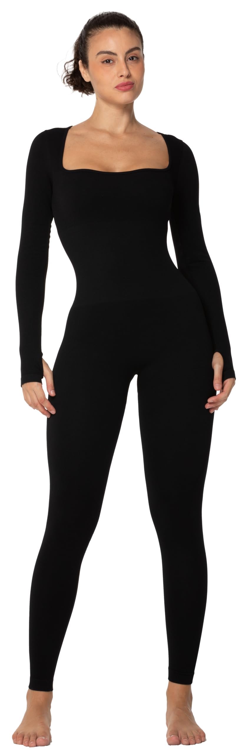 Sunzel Long Sleeve Bodysuits One Piece Jumpsuit for Women with Square Neck and Butt Scrunch Leggings Seamless Ribbed Rompers