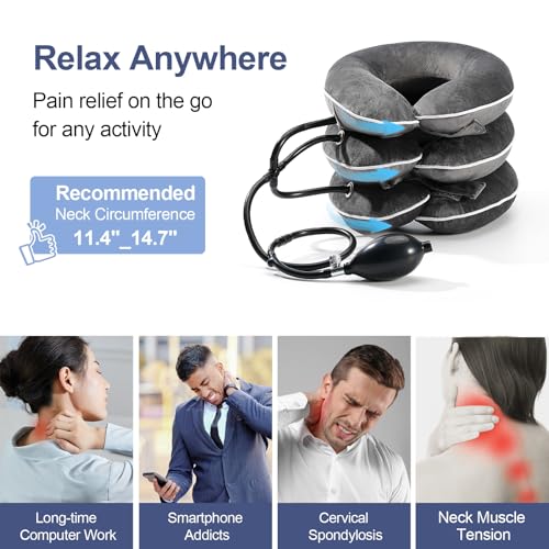 Neck Stretcher for Pain Relief, Adjustable Inflatable Cervical Traction Device, Neck Brace for Home Use, Supports Neck Decompression & Spine Alignment，Gifts for Women (Grey)