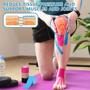 OBTANIM 4 Rolls Waterproof Breathable Kinesiology Tape, Athletic Elastic Kneepad Muscle Pain Relief Knee Taping for Gym Fitness Running Tennis Swimming Football (Black, Skin, Pink, Light Blue)