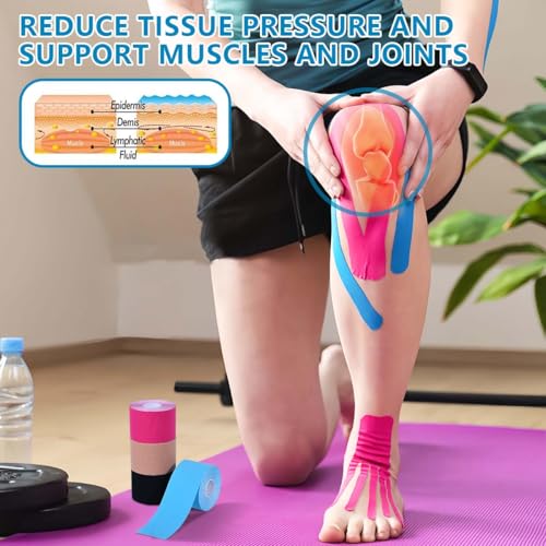 OBTANIM 4 Rolls Waterproof Breathable Kinesiology Tape, Athletic Elastic Kneepad Muscle Pain Relief Knee Taping for Gym Fitness Running Tennis Swimming Football (Black, Skin, Pink, Light Blue)