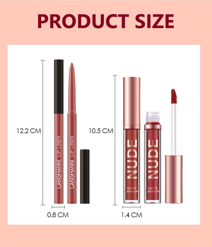 LANGMANNI 6 Matte Lipstick with 6 Lipliners Durable Makeup Set,Long-Lasting Non-Stick Cup Not Fade Waterproof Pigmented Velvet Lipgloss Kit Beauty Cosmetics Makeup Gift for Girls (#A)