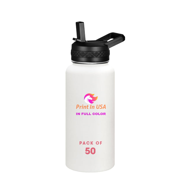 Personalized Custom Print in USA Water Bottle 32oz Stainless Steel Double Wall Coffee Cup with Lid & Straw Insulated Tumbler with Colorful Text Logo Photo