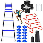 Speed & Agility Ladder Training Equipment Set, Includes 12 Rung 20ft Agility Ladder, 4 Agility Hurdles,12 Disc Cones, 1 Resistance Parachute for Training Football Soccer Basketball Athletes