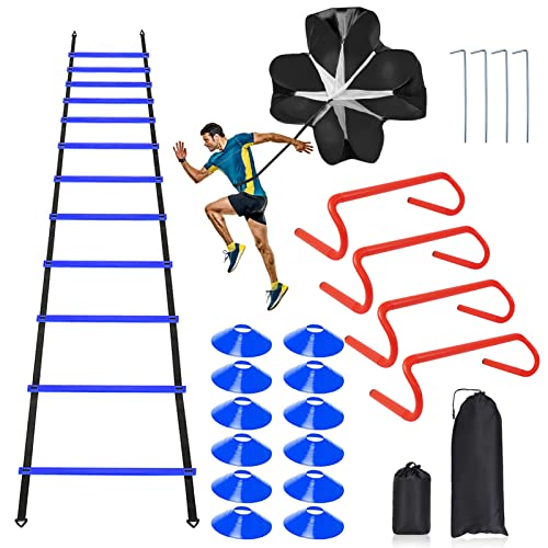 Speed & Agility Ladder Training Equipment Set, Includes 12 Rung 20ft Agility Ladder, 4 Agility Hurdles,12 Disc Cones, 1 Resistance Parachute for Training Football Soccer Basketball Athletes