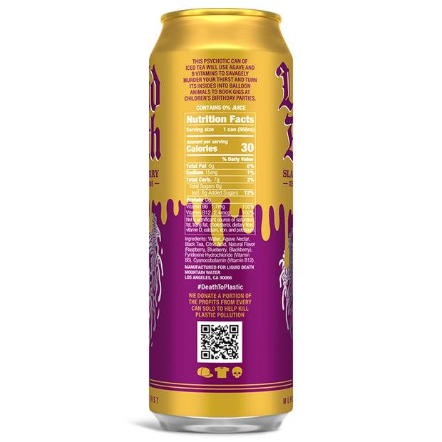 Liquid Death, Slaughter Berry Flavored Iced Tea, 8-Pack (19.2oz Cans), Raspberry Flavored Black Tea, Low Calorie, No Artificial Sweeteners, B12 & B6 Vitamins