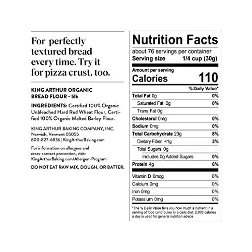 King Arthur Unbleached Organic Bread Flour - High Protein 12.7% for Lofty Yeasted Breads, Non-GMO, Kosher Certified - Premium Baking Flour for Artisan Loaves, Pizza Dough, and Sourdough (5 lbs)