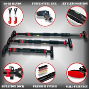 Pull Up Bar for Hallway or Doorway 6-piece Set with Two Attachable Resistance Bands/Handles, Training Manuals, No Screws Chin Up Bar, Max 680lbs, Width options: 27-37", 37-47"; 46-53"