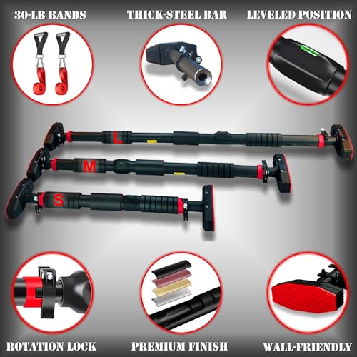 Pull Up Bar for Hallway or Doorway 6-piece Set with Two Attachable Resistance Bands/Handles, Training Manuals, No Screws Chin Up Bar, Max 680lbs, Width options: 27-37", 37-47"; 46-53"