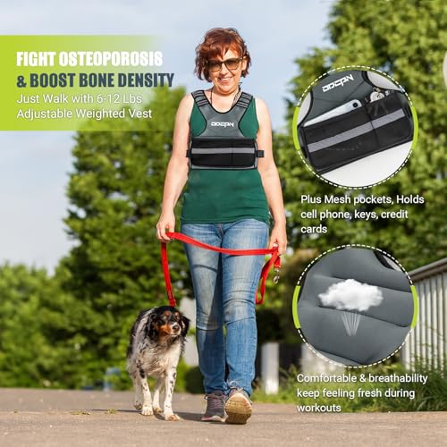 Weighted Vest Adjustable Weights for Women, 6-12 Lbs Weight Vest for Walking with Plus Size Pocket, Ruck Vest with 6 Ironsand Weights & Reflective Strip for Running, Workouts & Strength Training