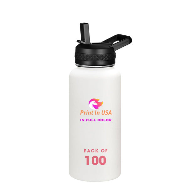 Personalized Custom Print in USA Water Bottle 32oz Stainless Steel Double Wall Coffee Cup with Lid & Straw Insulated Tumbler with Colorful Text Logo Photo