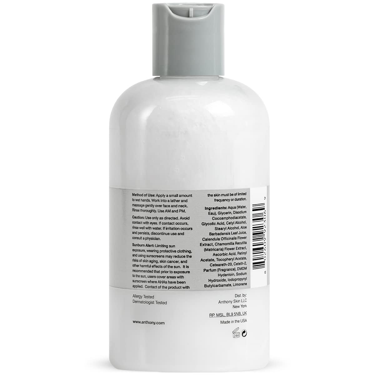 Anthony Glycolic Facial Cleanser for Men, Daily Exfoliating & Hydrating Face Wash, Shave Prep, Non-Foaming, Deep Cleansing, Gentle on Sensitive Skin, Removes Dirt & Oil, Smooths Texture, 8 Fl Oz