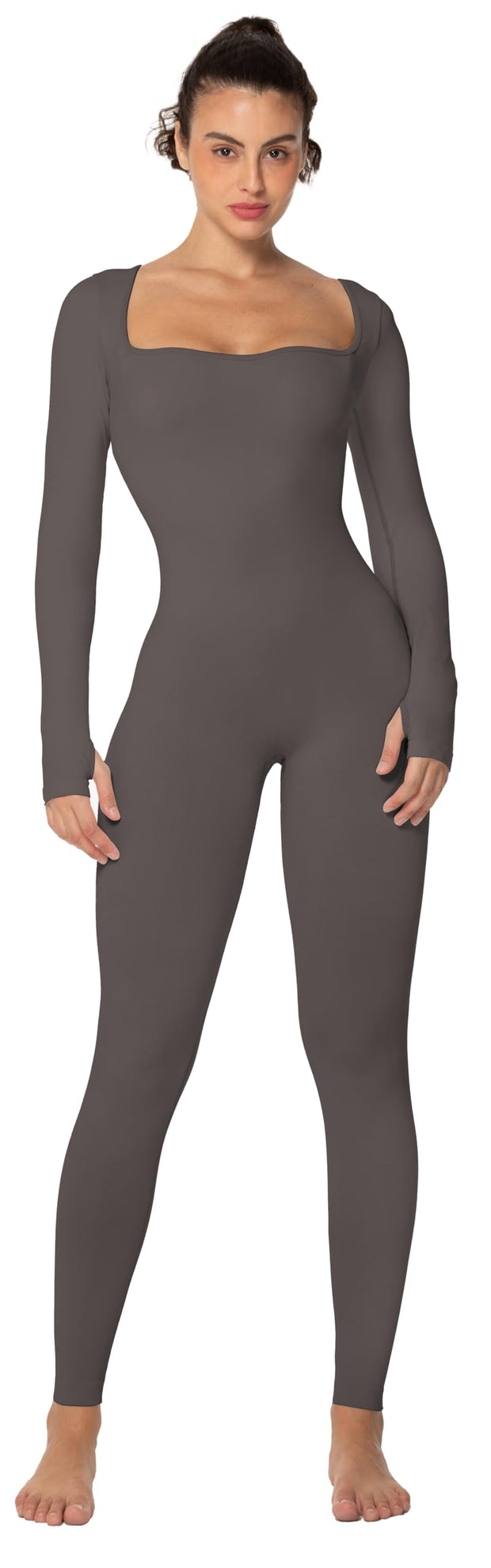 Sunzel Long Sleeve Bodysuits One Piece Jumpsuit for Women with Square Neck and Butt Scrunch Leggings Seamless Ribbed Rompers