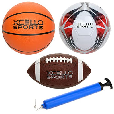 Multi-Sport 3-Ball Set - Jr. Football, Official B7 Basketball and Size 5 Soccer Ball with Ball Pump (Classic)