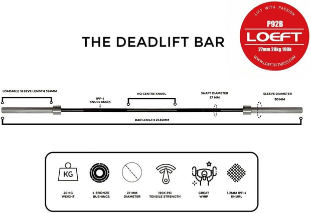 Professional Powerlifting Deadlift Barbell, 92in 27MM Olympic Barbell for Powerlifting, Deadlift Bar for 45lb 1500 lbs Weight Capacity 190K PSI, Enhanced Flex Weight Bar Fit 2" Weights
