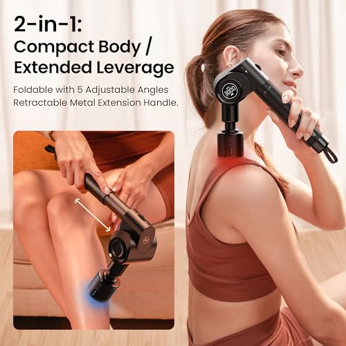 Massage Gun with Heat and Cold Head,Deep Tissue Percussion Back Massager for Muscle/Neck/Body Pain Relief with Long Extension Retractable Handle,32-Speeds,Foldable with 5 Adjustable Angles