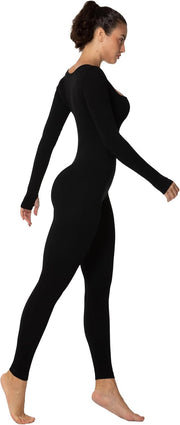 Sunzel Long Sleeve Bodysuits One Piece Jumpsuit for Women with Square Neck and Butt Scrunch Leggings Seamless Ribbed Rompers