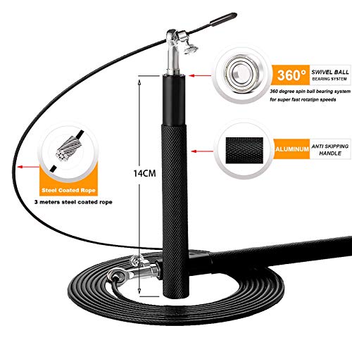 Speed Jump Rope - 360° Swivel Ball Bearing - Adjustable steel coated rope-Aluminum Anti Skipping Handle -Fitness Training Boxing Sports Exercises -Suitable for Kids and Adults