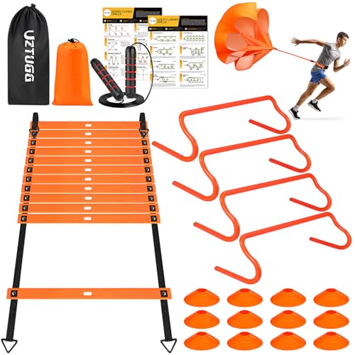 Soccer Training Equipment, Speed Agility Training Equipment for Kids Youth Adults, 20ft Agility Ladder, 4 Hurdles, Jump Rope, 12 Soccer Cones, Running Parachute, Football Training Equipment