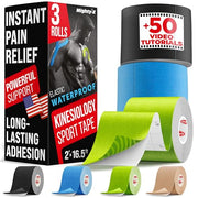 Waterproof Kinesiology Tape - 3 Rolls - Knee Support & Muscle Pain Relief - 16.4 ft Uncut Sports Kinetic Tape for Joint Stability - 50 Instructional Videos