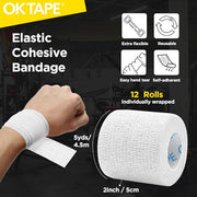 OK TAPE 12 Rolls Self Adhesive Bandage Wrap, Elastic Athletic Tape, Self Stick Bandage Tape, Vet Wrap, Medical Wrap for Wrist, Feet, 2" x 5 Yards - White