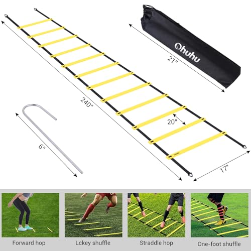 Ohuhu Agility Ladder Speed Training Set 12 Rung 20ft Exercise Ladders with Ground Stakes for Soccer Football Boxing Footwork Sports Fitness Training Ladder with Carry Bag