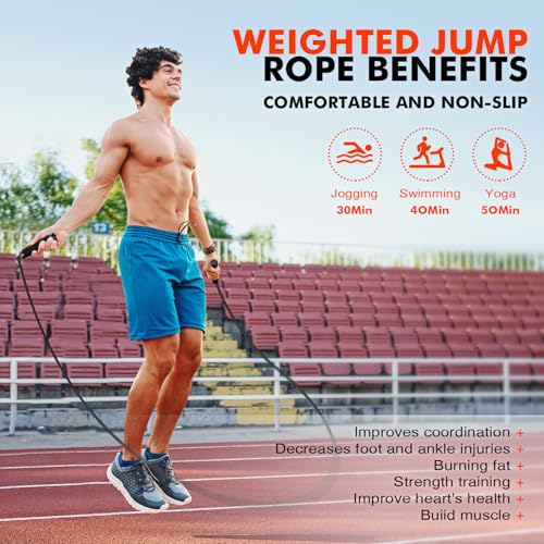 Jump Rope, Weighted Jump Rope for Home Gym, Adjustable 1lb Heavy Skipping Ropes for Fitness, Exercise Equipment for Men Women Kids, Portable Speed Jumping Rope, Full Body Workout at Home