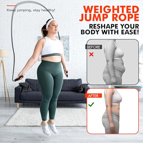 Jump Rope, Weighted Jump Rope for Home Gym, Adjustable 1lb Heavy Skipping Ropes for Fitness, Exercise Equipment for Men Women Kids, Portable Speed Jumping Rope, Full Body Workout at Home