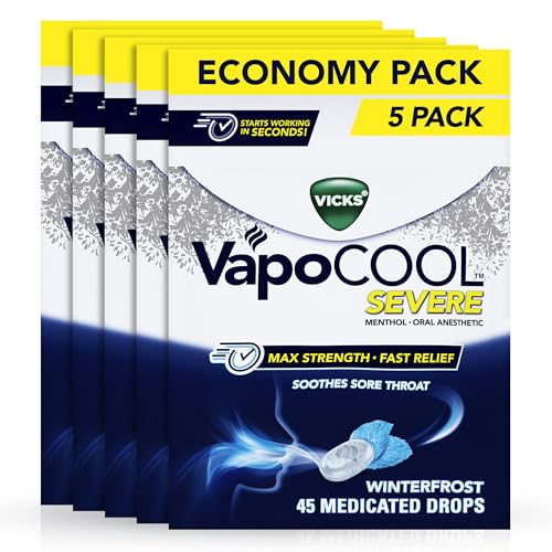 Vicks VapoCool Severe Sore Throat Drops, Max Strength Menthol, Soothes Sore Throat Pain, Winterfrost Flavor, 225ct (5-pack of 45ct)