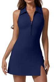 QINSEN Womens Zip Front Tennis Dress Polo Collar Racer Back Workout Golf Dresses Build in Shorts with Pockets