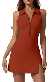 QINSEN Womens Zip Front Tennis Dress Polo Collar Racer Back Workout Golf Dresses Build in Shorts with Pockets