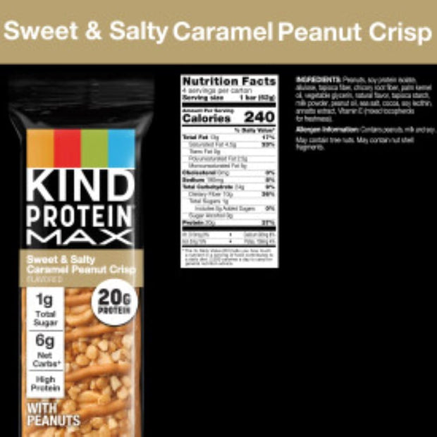 KIND Protein MAX Sweet & Salty Caramel Peanut Crisp Snack Bars, 20g of Protein, Keto Friendly, 1g of Sugar Per Bar, Gluten Free, 4 Count Box
