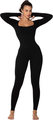 Sunzel Long Sleeve Bodysuits One Piece Jumpsuit for Women with Square Neck and Butt Scrunch Leggings Seamless Ribbed Rompers