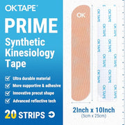 OK TAPE Synthetic Kinesiology Tape, 20 Strips Precut K Tape, Waterproof, Elastic Athletic Tape for Pain Relief & Muscle Support, Reflective Design, 2" x 10" -Beige