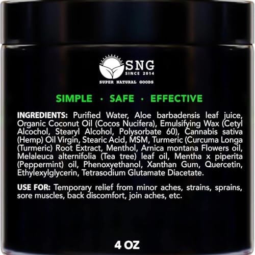 Super Natural Goods Hemp Cream Maximum Strength (8oz) Hemp Oil & Arnica, Soothes Discomfort on Joint Muscle Shoulder Hip Neck Knee & Back Support. All Soothing Cream. Instant Menthol Rub