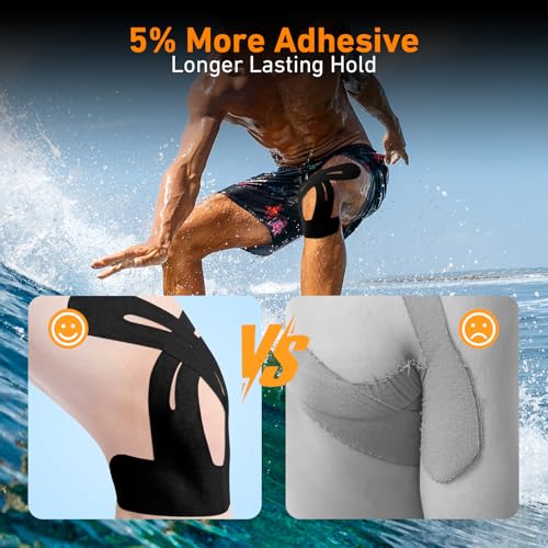 PreCut Kinesiology Tape for Knees, 12 PCS Waterproof KTQUICK Knee Tape for Knee Pain Relief Pre Cut, Original Cotton Athletic Knee Tape, Waterproof & Hypoallergenic Latex-Free for Sports (Black)