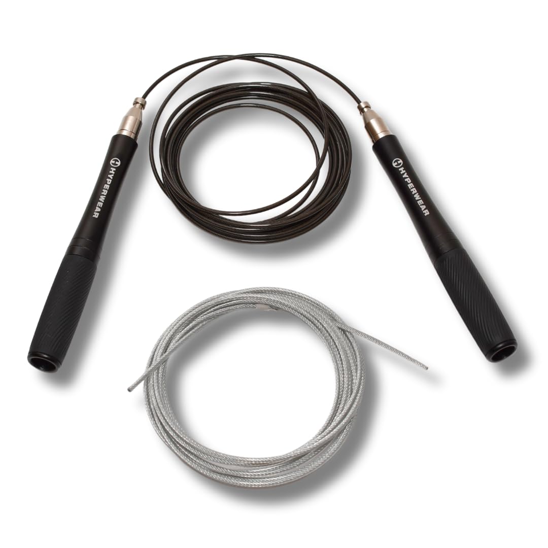 Hyperwear Adjustable Speed Jump Rope - Patented Self-Locking Head, Aluminum Hangles with Knurled Silicone Grips and Bonus Wire Rope for CrossFit, Boxing, and Fitness Training