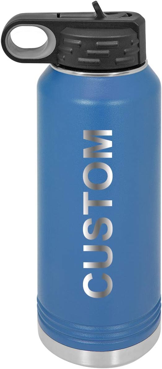 Personalized Add Your Name 40-Ounce Double Wall Insulated Stainless Steel Custom Sports Water Bottle with Flip Top Lid, Straw - Customizable (Blue)
