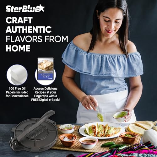 10 Inch Cast Iron Tortilla Press by StarBlue with FREE 100 Pieces Oil Paper and Digital Recipes e-book - Tool to make Indian style Chapati, Flour Tortilla, Roti