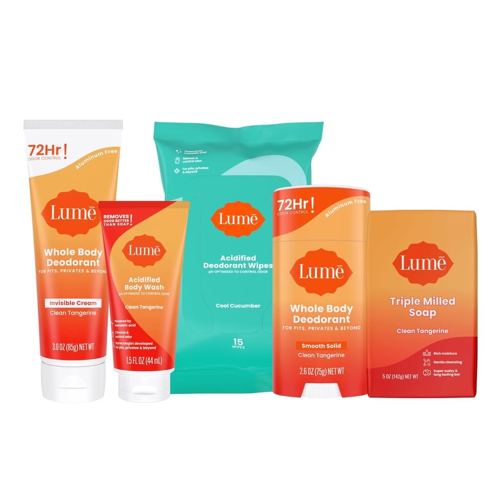 Lume Skin Care Gift Set for Women, Whole Body Deodorant Starter Pack -Smooth Solid Stick, Invisible Cream Tube, Acidified Body Wash Mini & Deodorant Wipes -Aluminum Free Odor Control (Toasted Coconut)