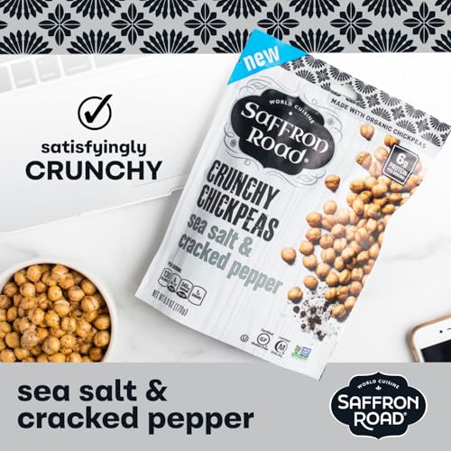 Saffron Road Roasted and Crunchy Sea Salt and Cracked Pepper Chickpeas | High Protein Snacks | Gluten-free, Vegan, Non-GMO, and Certified Halal and Kosher | 5.4oz Pouch | Pack of 6