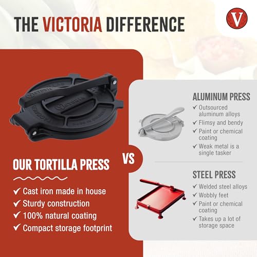 Victoria 6.5 Inch Cast Iron Tortilla Press. Tortilla Maker, Flour Tortilla press, Rotis Press, Dough Press, Pataconera Seasoned with Flaxeed Oil