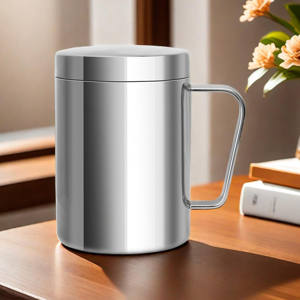 Stainless Steel Double Coffee Mug,16.5oz/500ml Tea Mug with Lid and Handle,Camping and Traveling Coffee Mug, 100% BPA Free,For Coffee, Tea,Juice,Milk, Hot and Cold Drinks (1 pc)