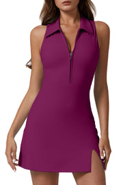 QINSEN Womens Zip Front Tennis Dress Polo Collar Racer Back Workout Golf Dresses Build in Shorts with Pockets