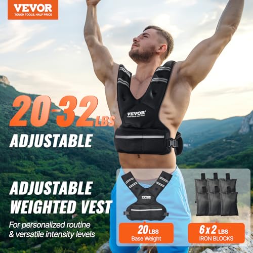 VEVOR Adjustable Weighted Vest, 11-20lb/20-32lbs/35lbs/40lbs Weight Vest with 6 Ironsand Weights and Reflective Stripe, Workout Equipment for Strength Training Running Jogging