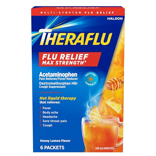 Theraflu Max Strength Daytime Flu Medicine for Flu Symptom Relief with Acetaminophen and Dextromethorphan HBr, Honey Lemon Flavored - 6 Powder Packets