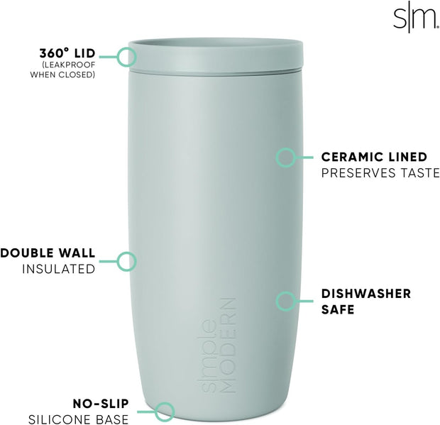 Simple Modern Travel Coffee Mug Tumbler with 360° Lid | Ceramic-Lined Insulated Stainless Steel Cold Brew Iced Coffee Cup | Gifts for Women Men Her Him | Voyager Signature | 16oz | Sea Glass Sage