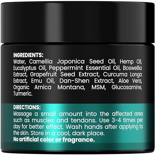 Natural Hemp Cream with Turmeric, Msm, Arnica - Hemp Cream Maximum Strength for Discomfort in Back, HIPS, Joints, Knees, Elbows - Maximum Joint Support with Hemp Oil Extract Gel - 4 oz