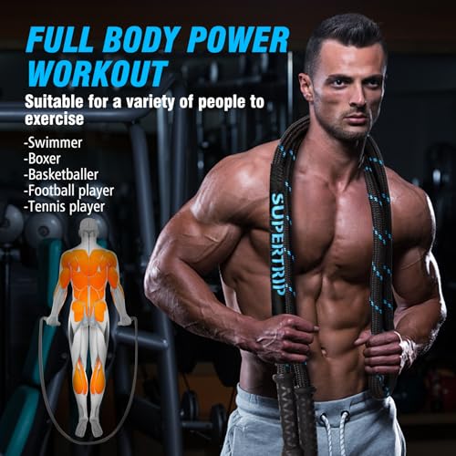 Supertrip Upgraded Weighted Jump Rope for Fitness Men Women Second Generation 360 Rotating Handles, 3.21LBS 3.38LBS 3.41LBS Polyester Heavy Skipping Rope for Exercise Workout Equipment