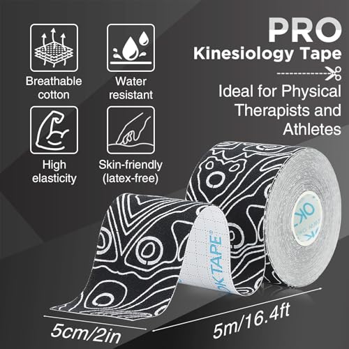 OK TAPE PRO Kinesiology Tape Uncut Roll, Elastic Physical Therapy Athletic Tape for Pain Relief, Muscle Support, Kinetic Tape, Water Resistant, 2in X 16.4ft -Black 2 Rolls